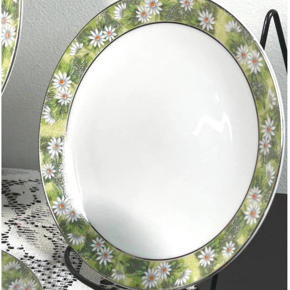 5 Pc Setting Mikasa Marianne Dinnerware Floral Daisy Green White Silver Trim #1
